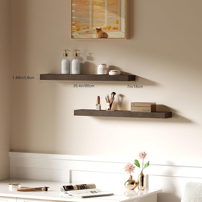 Floating Shelves for Wall, Bathroom Shelves Over Toilet, Wall Shelves & Book Shelf for Room, Hanging Shelf, Modern Wooden Mounted Floating Shelves, 36x7x1.5 in (Smoke Gray, Set of 2)