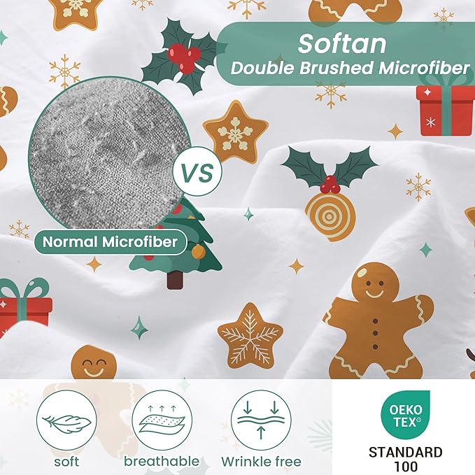 Softan Christmas Holiday Queen Size Sheet Set, Printed Microfiber Fitted Bed Sheet with 15" Deep Pocket & Non-Slip Straps, Snowflake Reindeer Patterned Sheets & Pillowcase Set