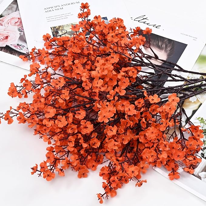 Yastouay Fake Flowers Thanksgiving Table Decor, 10Pcs Orange Thanksgiving Decorations for Table Artificial Flowers, Babys Breath Artificial Flowers Bulk for Fall Decor Floral Arrangement