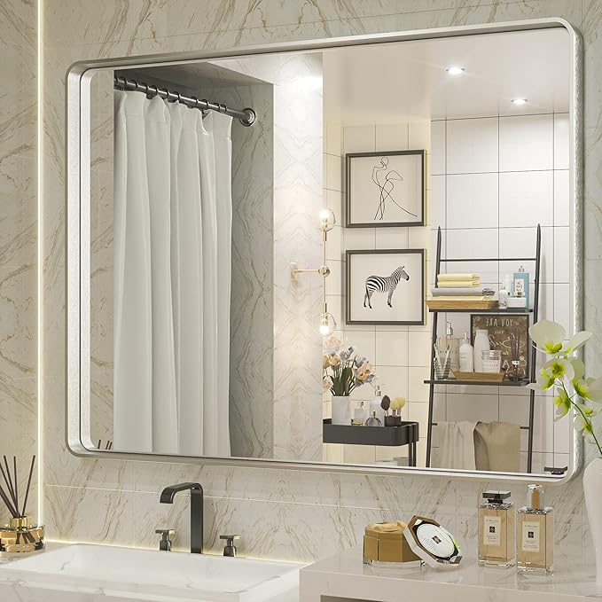 TETOTE 40 x 30 Inch Bathroom Mirror, Silver Framed Wall Mounted Brushed Silver Metal Rectangle Modern Vanity Mirror (Horizontal/Vertical)
