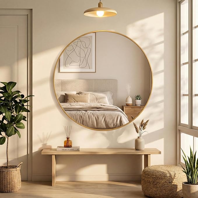 36 Inch Gold Round Bathroom Wall Mirror, Round Mirrors for Wall Decor, Circle Mirror for with HD Shatter-Proof Glass for Entryway, Living Room, Bedroom, Dressing Room, Home Decor