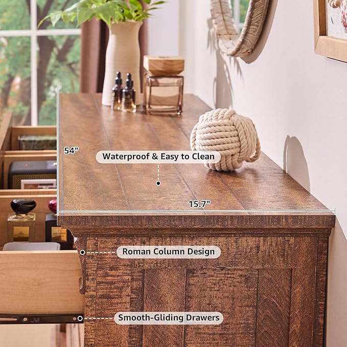 T4TREAM Farmhouse 7 Drawers Dresser for Bedroom, 54" Wide Wood Rustic Chest of Drawers w/Roman Column, Wooden Storage Dressers Organizer for Bedroom, Living Room, Closet, Reclaimed Barnwood