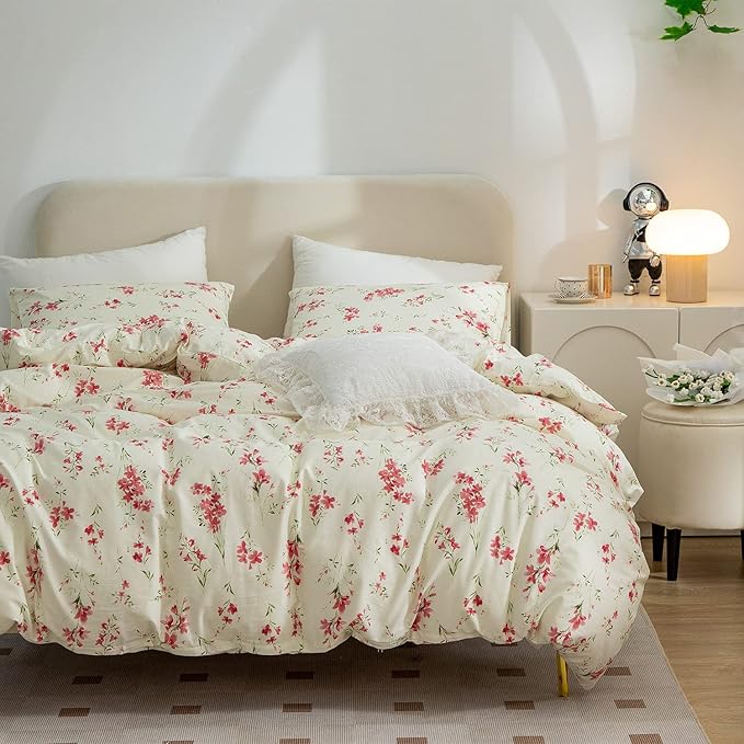 Floral Comforter Set Queen Soft Bedding Comforter Set 3 Pieces Garden Style Red Flower Print Botanical Flowers Comforter Set for All Seasons 1 Comforter and 2 Pillowcases (Floral, Queen)