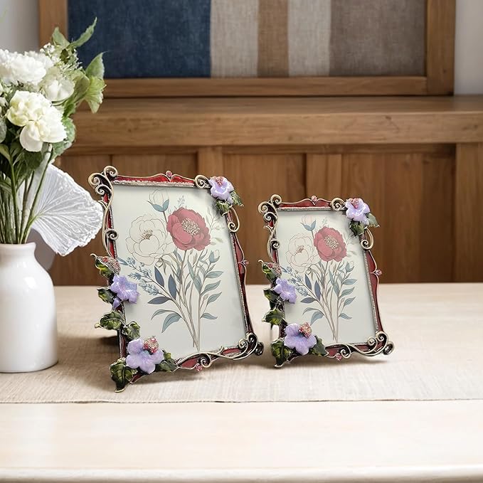Vintage Floral Picture Frame Luxury Unique Ornate Antique 4X6 Photo Frame of HD Glass for Tabletop/Wall Display Gifts for Women (Retro Purple Flowers with Red Edges)