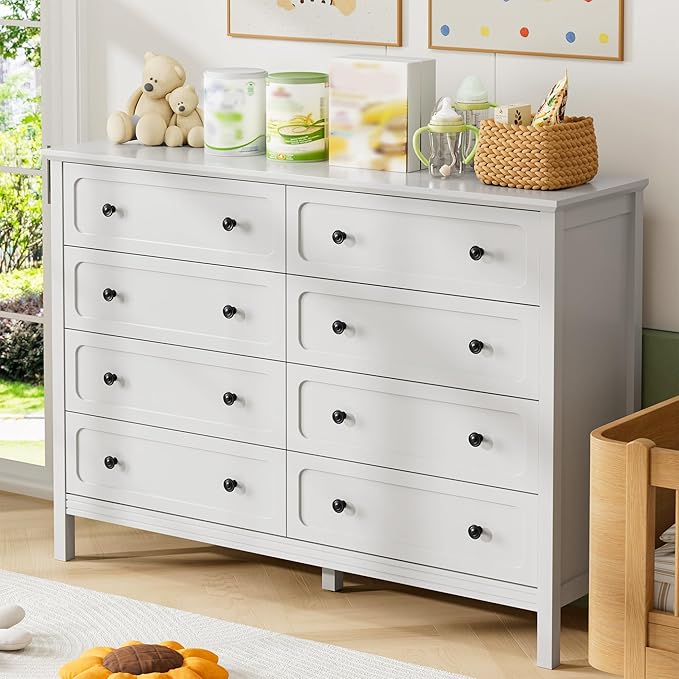 White Dresser for Bedroom, 8 Drawer Dresser with Metal Handles, 55" Wide Modern Dressers & Chest of Drawers for Living Room, Hallway, Entryway