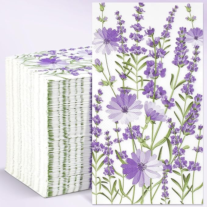 Homlouue Purple Lavender Floral Napkins, 100PCS 3 Ply Guest Towels Disposable Bathroom, Floral Paper Napkins Disposable, Flower Paper Napkins Decorative for Spring Summer Fall Party Decorations