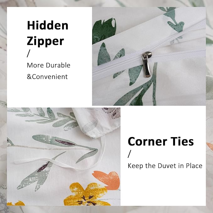Floral Duvet Cover Queen Size, 100% Nature Cotton 3 Pcs Garden Floral Aesthetic Bedding Set with Zipper Closure Ultra Soft&Breathable Cottagecore Botanical Duvet Cover Set