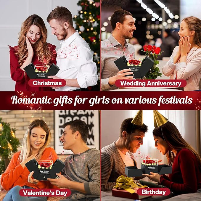 Christmas Birthday Gifts for Women - Preserved Real Rose with I Love You Heart 100-Language Necklace, LED Lights & Music Gift Box, Christmas for Women Girlfriend Mom