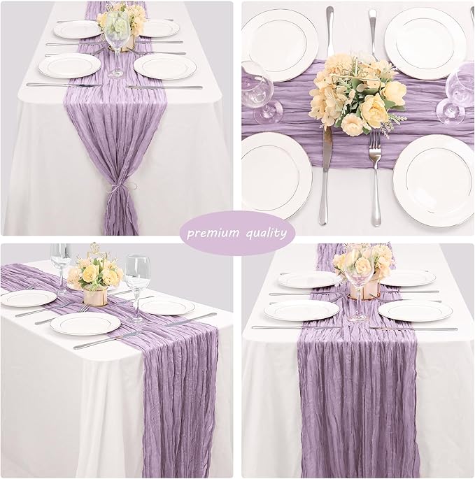 12 Pack 10Ft Cheesecloth Table Runner 35x120 Inch Boho Gauze Table Runner Cheese Cloth Long Table Runner Romantic Table Runner for Wedding Bridal Shower Birthday Party Table Decor (Light Purple)