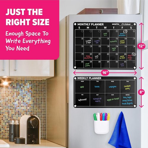 Skiennix Acrylic Calendar for Fridge - Magnetic Dry Erase Planning Board Set | 2-Piece with 6 Chalk Markers & 3 Backgrounds