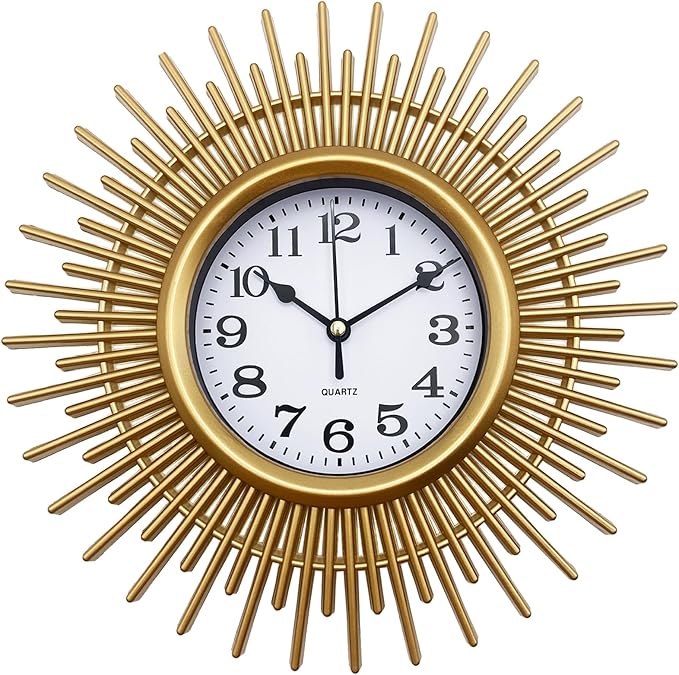 Gold Sunburst Wall Clock Battery Operated Aanlog, 10 Inch Modern Boho Decorative Wall Clock for Living Room, Bedroom, Kitchen, Office, Bathroom, Farmhouse