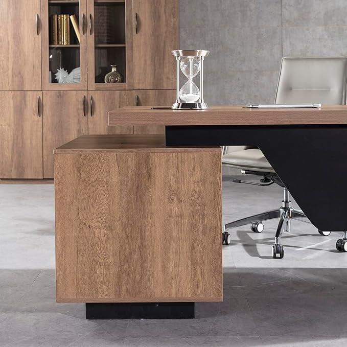 Modern Executive Desk, Rectangle Office Desk with Storage Cabinet, Width Adjustable Desks for Home Office, Business Desk Stand Under Table Storage Organizer, Wood