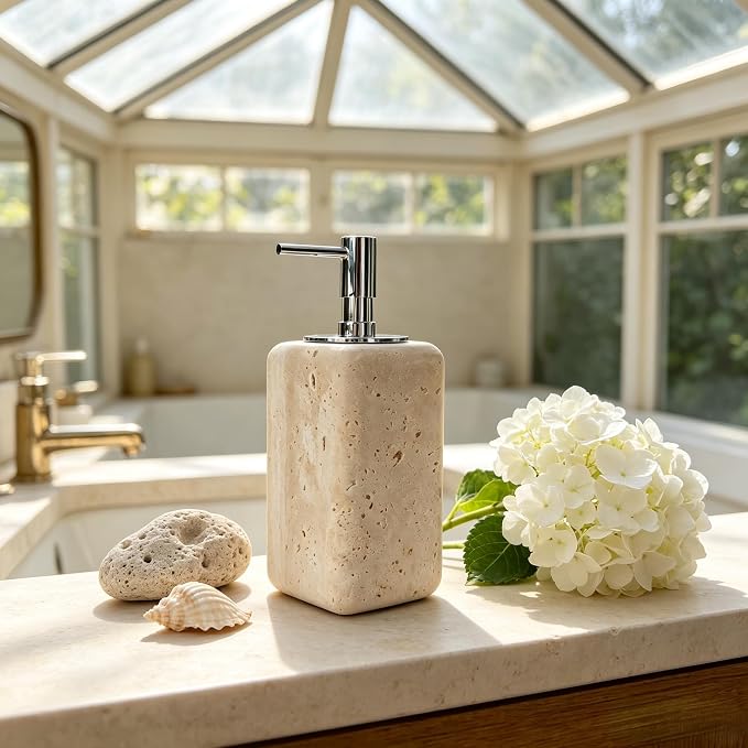 Travertine Soap Dispenser Bathroom Accessories, Natural Organic Premium Square Stone Lotion Dispenser with Metal Pump, Elegant Kitchen Hand Lotion Jar Soap Pump for Laundry Room Home Decor (Natural)