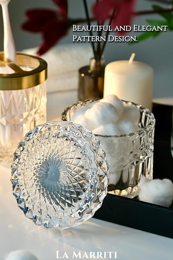 LaMarriti Clear Bathroom Accessories Set, 5pcs Crystal Glass Bathroom Set Accessories, Soap Dispenser, Toothbrush Holder Set, Soap Dish, Tumbler, Qtips Holder for Vintage Bathroom Decor, Gift Set