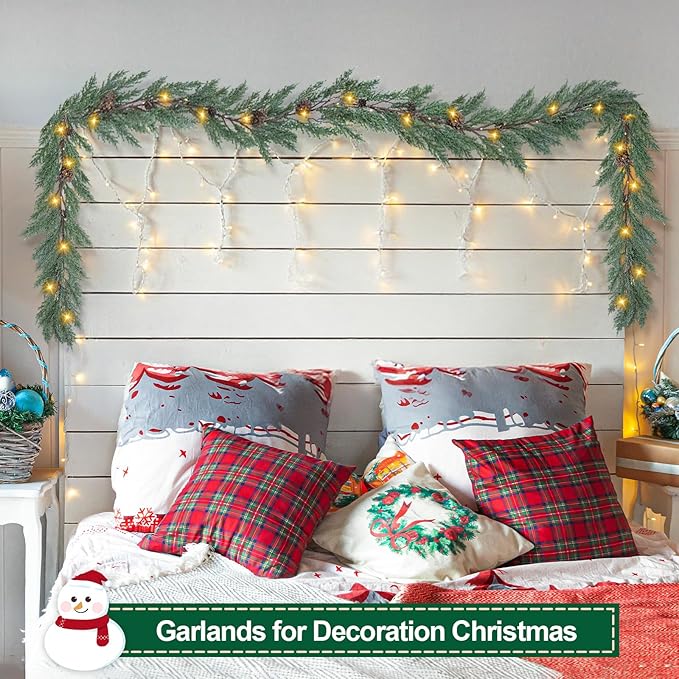 Artgar Christmas Cedar Garland, 6 Ft Realistic Pine Garland, Prelit Christmas Garland with 30 Warm Lights with 8 Light Modes for Mantels Stair Table Indoor Outdoor Winter Xmas Decor (White-Green)