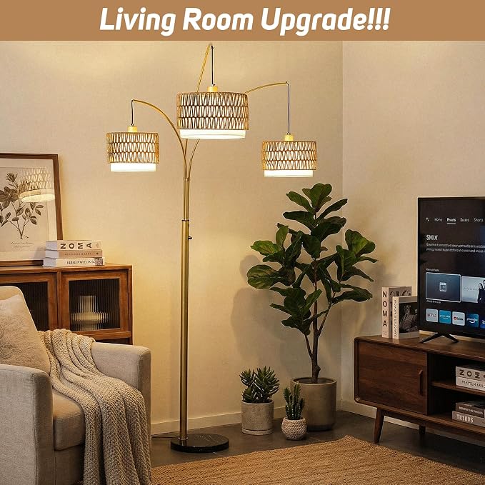 Arc Floor Lamp for Living Room, 80 Inch Gold Rattan Floor Lamp with Rotary Switch, 3 Lights Boho Tall Lamp with Wicker Shade for Coastal,Bohemian,Tree Farmhouse Standing Lamp