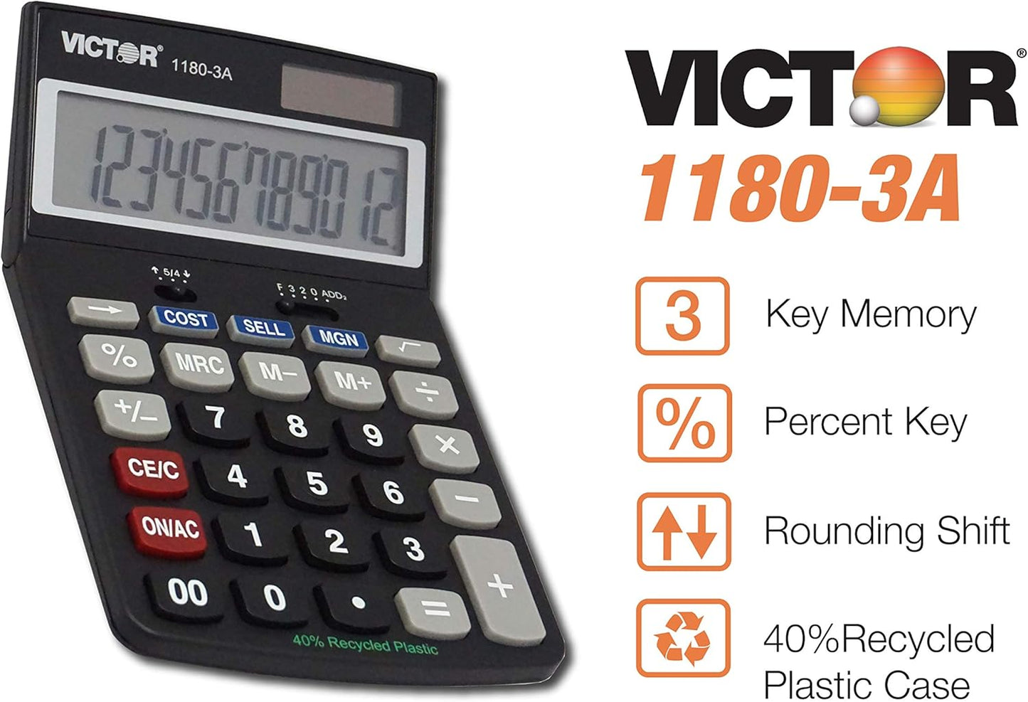 Victor 1180-3A 12-Digit Calculator - Battery & Solar Hybrid | Adjustable Angle LCD Display, Black