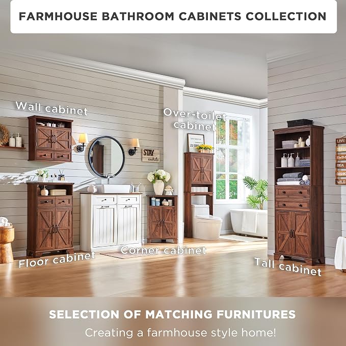 ACCOHOHO Over The Toilet Storage Cabinet, Farmhouse Bathroom Cabinet with Adjustable Shelf & Barn Door, 67" Tall Over The Toilet Shelf, Brown