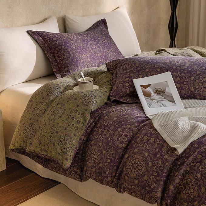 EAVD Soft 100% Cotton Muslin Yarn-Dyed Jacquard Textured Duvet Cover Full Chic Shabby Purple Floral Duvet Cover with Zipper Closure Linen Like Gauze Floral Bedding Set with 2 Pillowcases