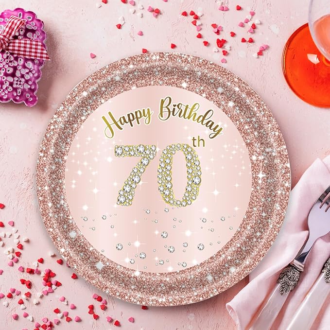 72 Pcs 70th Birthday Paper Plates and Napkins Party Supplies, Rose Gold 70th Birthday Party Plates and Napkins Tableware Set for Men Women Cheers to 70 Years Birthday Party Decorations Serves 24
