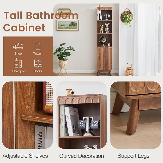 Tall Narrow Bookshelf with Door, Mid Century Modern Bookcase, 71" Slim Storage Cabinet with Adjustable Shelves, Modern Open Display Storage Organizer for Living Room Bathroom Office, Walnut
