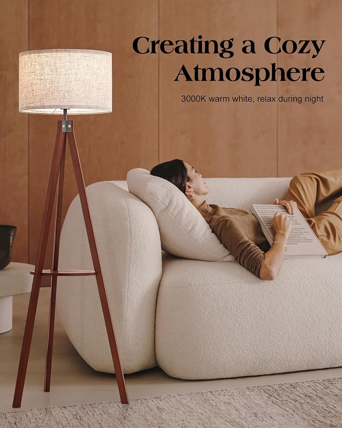 ELYONA Mid Century Floor Lamp with 3 Color Temperatures LED Bulb, Modern Wood Tripod Table Reading Standing Light, Wooden Shelf Floor Lamp for Farmhouse Living Room Bedroom Office Linen Shade Brown