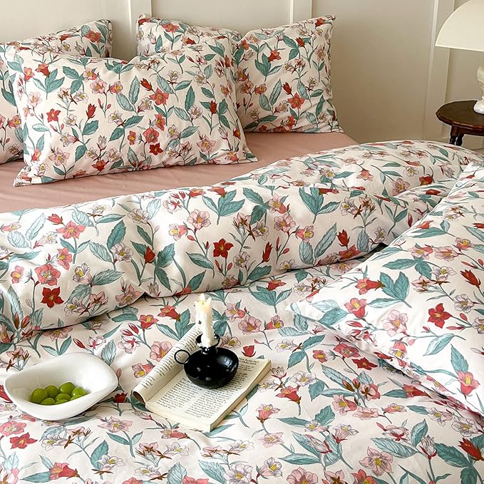 EAVD Red Floral Duvet Cover King Soft 100% Cotton Garden Floral Leaves Botanical Bedding Set with 2 Pillowcases Chic Shabby Vintage Floral Comforter Set with Zipper Closure