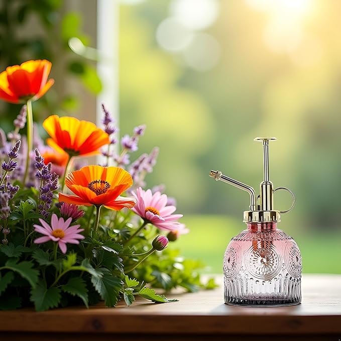Glass Plant Mister Spray Bottle, 230ML Vintage Plant Spritzer, Succulent Watering Bottle Glass with Top Pump, Small Plants Sprayer Watering Can for Indoor Outdoor House(Red Gray)