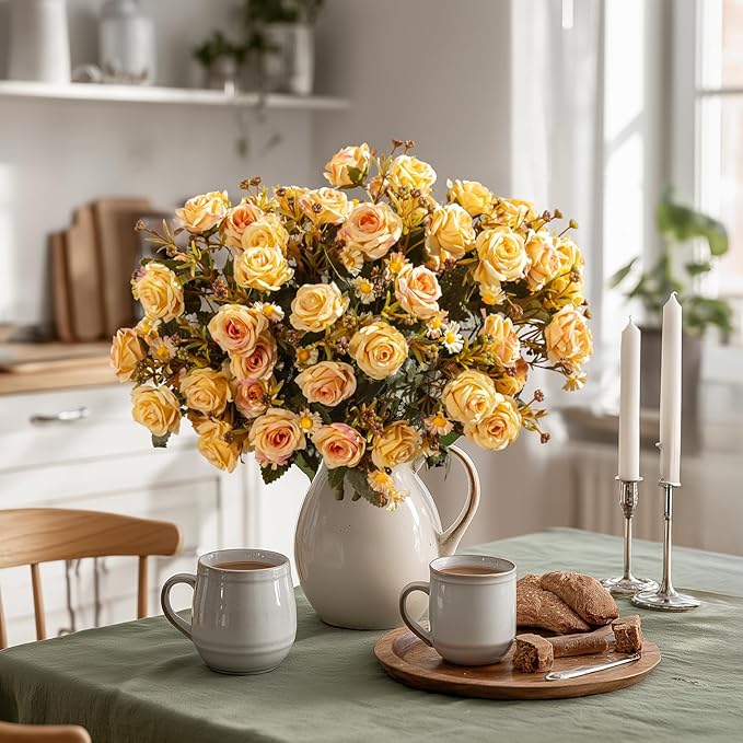 Artificial Rose Flowers for Outdoor 4 Bundles Rose Bouquet with Daisy Faux Flowers UV Resistant for Home Indoor Outside Garden Porch Window Box Balcony Yard Porch Fall Decor (Yellow)