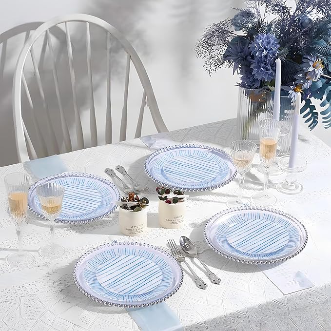 U-QE 20Pcs Blue Plastic Plates - Blue Stripes Hanukkah Plates Disposable Heavy Duty, Fancy Stripes Pattern Perfect for Hanukkah, Weddings, Tea Parties, Holidays - 10.25" Dinner & 7.5" Dessert Plate