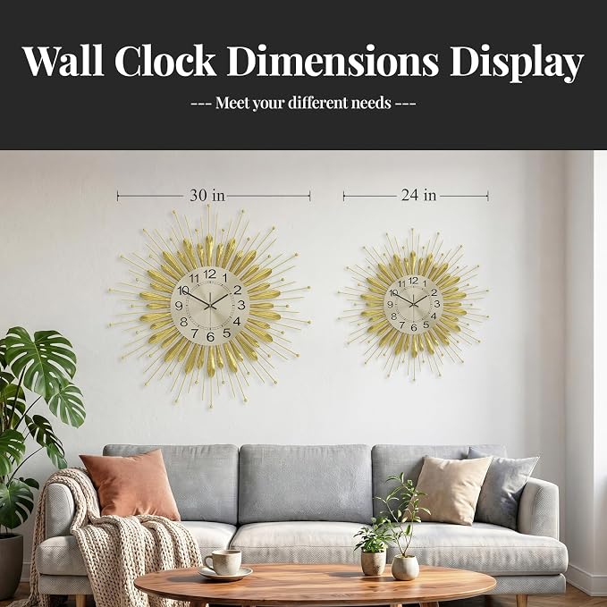 Cuspin 24 Inch Gold Wall Clock, Large Mid Century Modern Clock Sunburst Decorative Design, Silent Non Ticking Battery Operated Metal Wall Clock for Living Room, Bedroom, Kitchen, Office