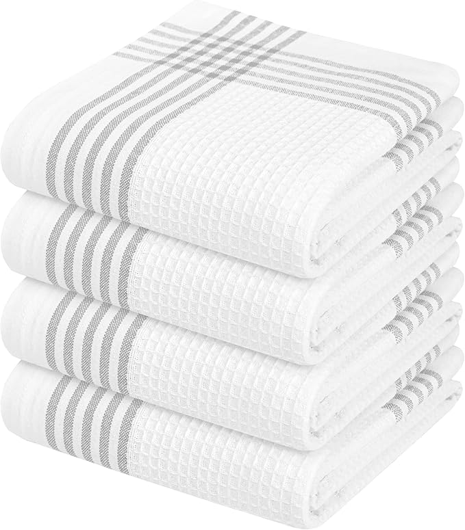 Waffle White & Grey Kitchen Towels 4 Pack, 100% Cotton, 16x26 inches, Quick Drying Dish Cloths, Absorbent Bar Mop Towels, Durable Kitchen Dishcloths Set for Daily Use