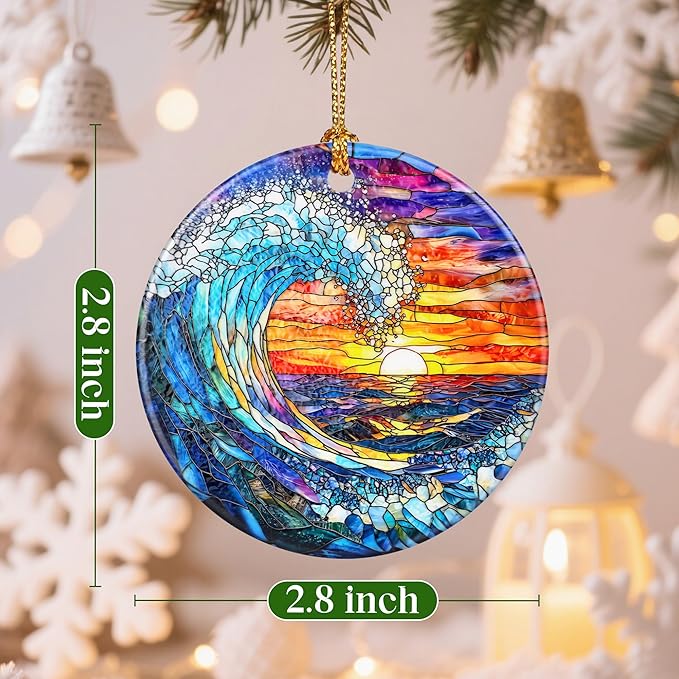 Christmas Ornaments, 2.8 Inch Ceramic Hanging Ornament, Christmas Tree Ornaments, Xmas Decorations, Holiday Decorations, Holiday Party Gifts, and Xmas Gift Ideas - Sunset On The Beach