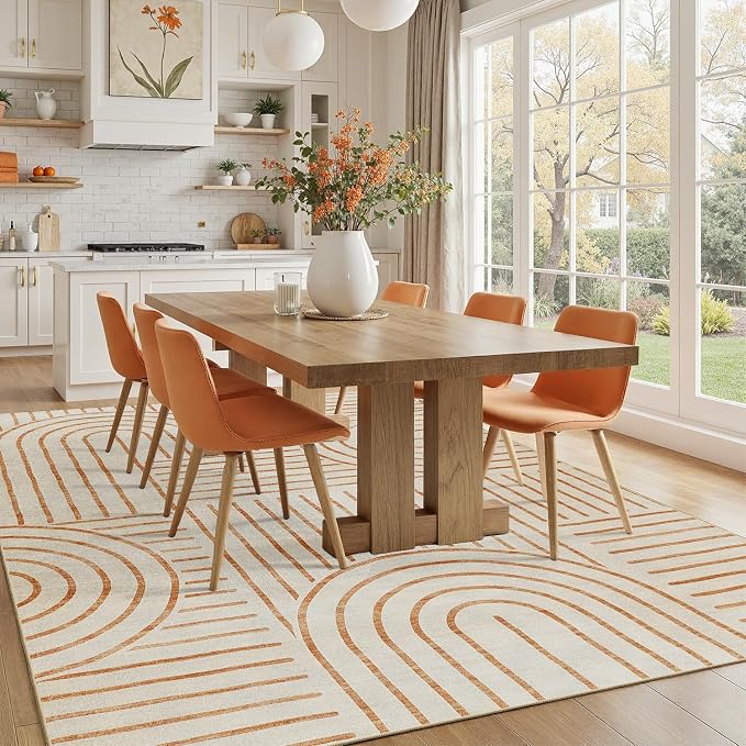 DCX Beige Machine Washable Area Rug 9x12, Midcentury Modern Non Slip Stain Resistant Rug 9x12 for Living Room, Playroom, Dining Room, Soft Low Pile Large Carpet