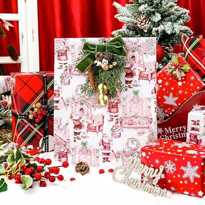 MAYPLUSS Christmas Wrapping Paper Rolls - 17" X 120" Per Roll - Classic Vintage Funky Red Santa Claus, Snowflakes, and Plaid Pattern Christmas Gift Wrap Present Paper for Holiday, Festive Celebrations