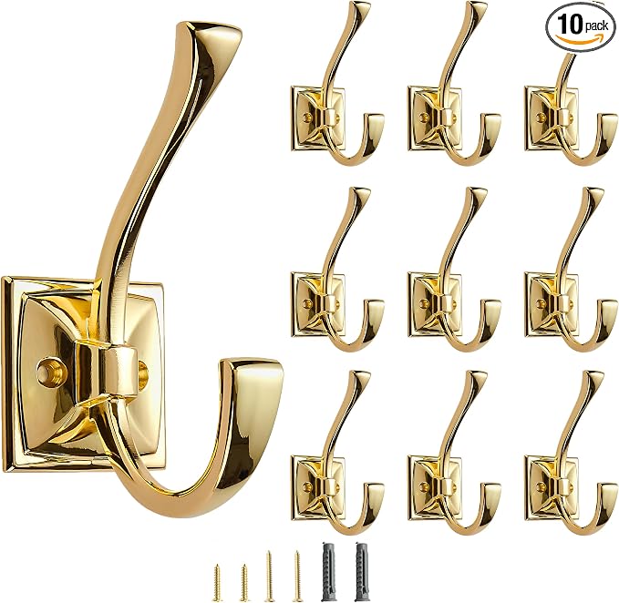 10 Pack Decorative Heavy Duty Towel Hooks for Hanging Robe Double Polished Brass Coat Hooks Wall Mounted with Screws for Key, Towel, Bags, Cup, Hat