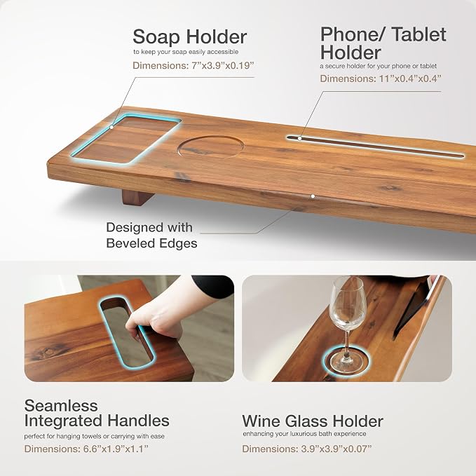 Tinamo Teak Shower Bench 22" L and Acacia Bathtub Caddy Tray 39" L Bundle