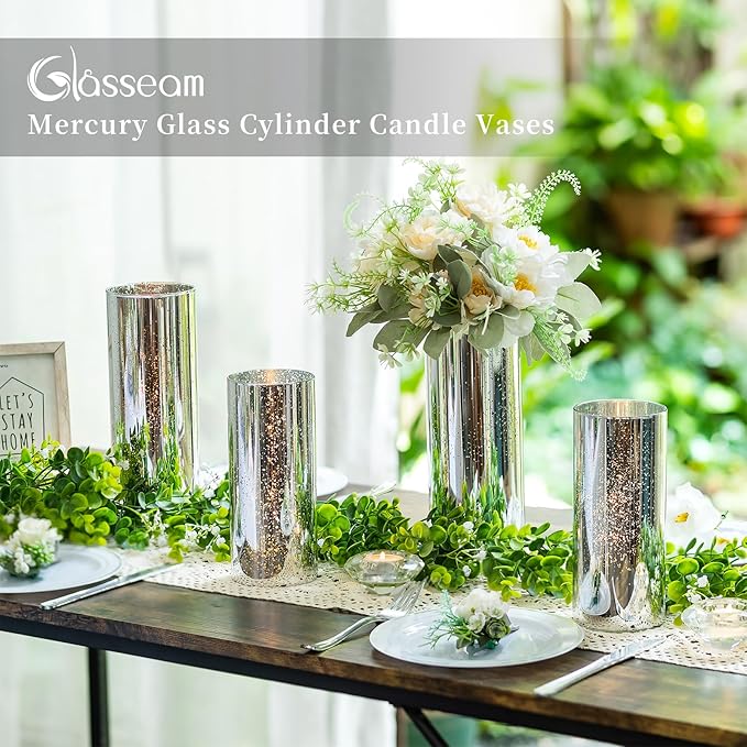 Glasseam Glass Cylinder Silver Vase: Set of 6 Decorative Flower Vases for Centerpieces Modern Vase for Flowers Wedding Decor Mercury Candle Holders for Pillar Candles Dining Table Decorations