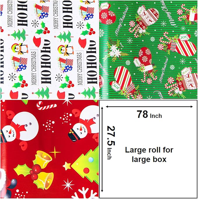 Linnoptimix Christmas Wrapping Paper Rolls -White Red Green Wrapping paper 3 LARGE ROLL-27inch*78 inch per roll Colorful (Christmas White/Red/Green（006）)