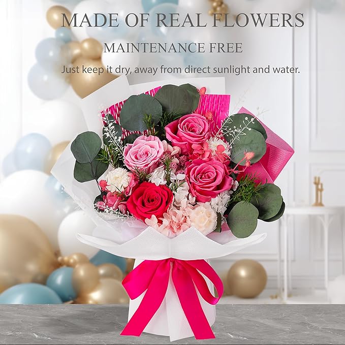 Perfectione Roses 4 Roses Mixed Bouquet for Mother's Day, Flowers for Delivery, Preserved Flowers Birthday Gift for Women Mom Wife Grandma Her, Pink