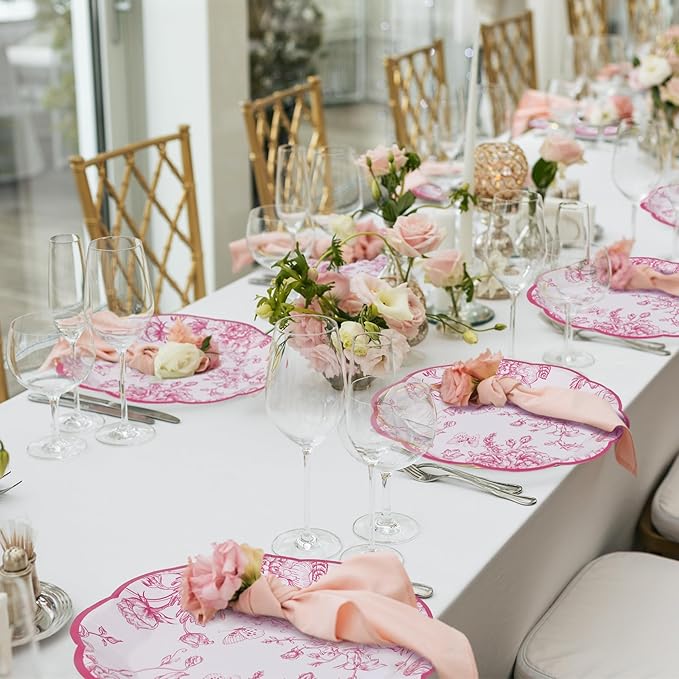 100 Pieces Pink Floral Paper Plates 9 Inches Disposable Pink and White Flower Scalloped Plates Vintage Floral Dinner Dessert Decorative Plate for Wedding Baby Shower Birthday Party Supplies