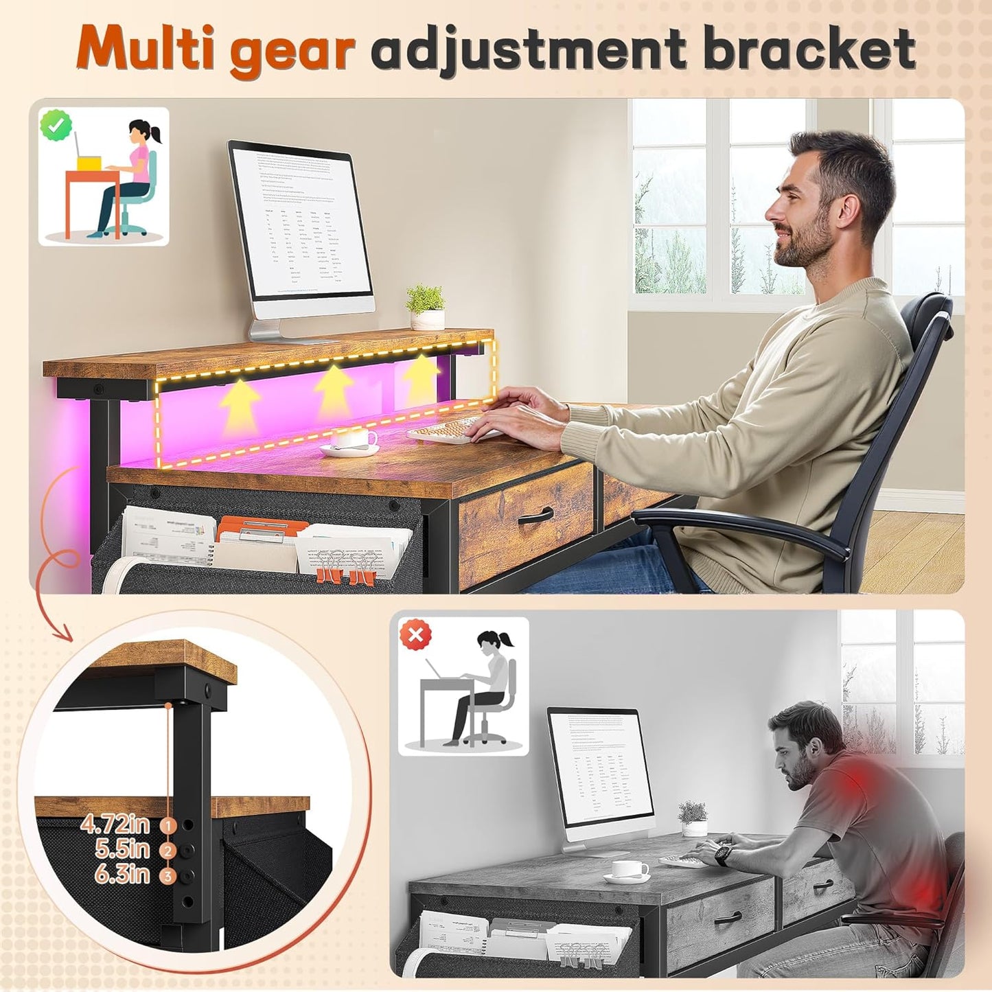 Skiennix Gaming Desk - LED Lights, 2 Drawers, Ergonomic Monitor Stand | Rustic Brown, 31.5 Inch