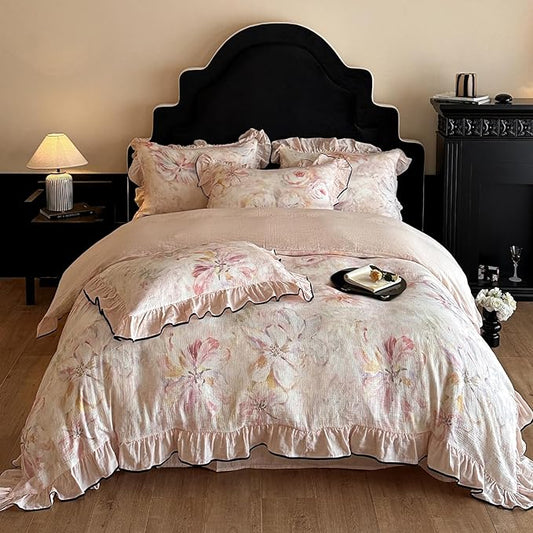 HighBuy French Ruffle Duvet Cover Queen Size,Pink Floral Chic Cottagecore Bedding Set Linen Breathable for Hot Sleepers,Yarn-Dyed Textured Comforter Cover Set - 1 Duvet Cover 2 Pillowcases