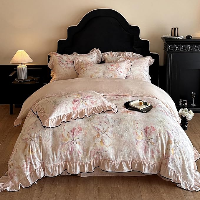 HighBuy Pink Floral Linen Duvet Cover Twin XL,Ruffle Floral Bedding Set for Girl College,Muslin Yarn-Dyed Comforter Cover with Zipper for Hot Sleepers,Breathable & Fade-Resistant All Season
