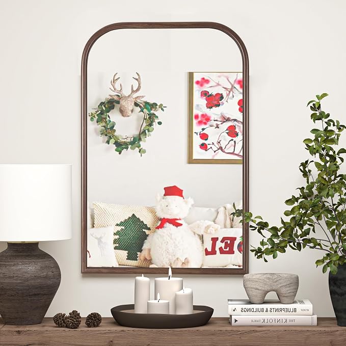 24"x36" Arch Wall Mirror Bathroom Mirror for Wall Mounted, Tempered Glass, Wood Grain Finish Frame Wall Mirror Decorative for Bedroom Living Room Entryway, Rustic Brown
