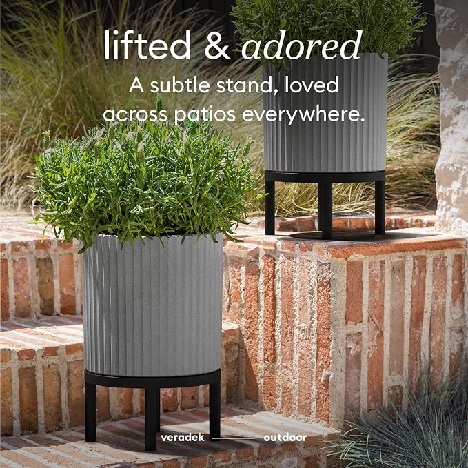 Veradek Demi Series Round Planter w/Stand for Porch/Patio | Durable Plastic-Stone Composite & Wooden Stand | Modern Décor for Tall Plants, Flowers