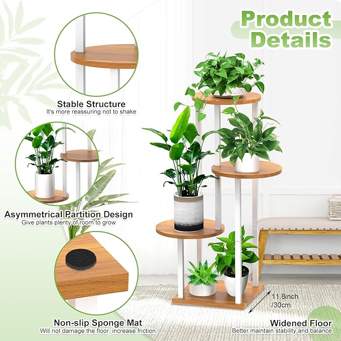 4 Tier Wood Tall Plant Stand Metal Rack Indoor, Multiple Flower Pot Holder Shelves Corner Rack, Round Planter Shelf Display Rack Storage Organizer for Patio Living Room Balcony(White+Wooden)