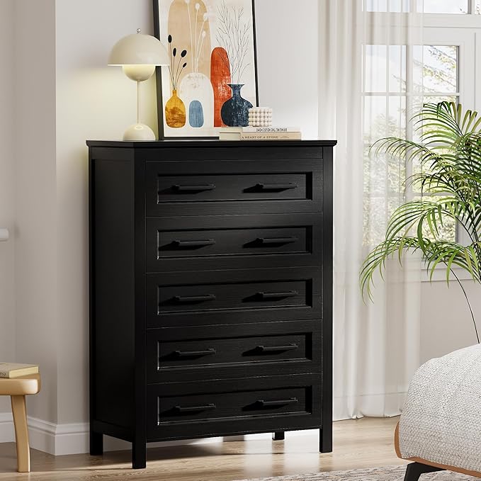 JUMMICO Black Dresser Tall for Bedroom,Wooden 5 Drawer Dresser for Nursery,Chest of Drawers for Bedroom, Closet Storage Organizer for Living Room, Hallway, Closet