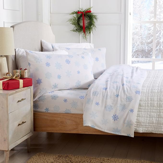 Market & Place 100% Turkish Cotton Flannel Sheet Set | 3 Piece Deep Pocket Novelty Cozy Winter Bed Sheets | Double Brushed for Extra Softness & Comfort | Alpine Collection (Twin, Blue Snowflake)