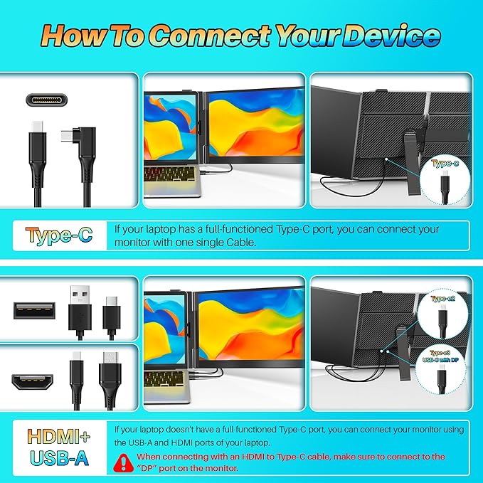 14" Laptop Screen Extender Ultra-Thin, Lightweight Portable Dual Laptop Monitor Extender with Speaker, FHD 1080P Travel Display, Plug & Play, HDMI/USB-A/Type-C for Laptops, Works with Win/Mac/Android
